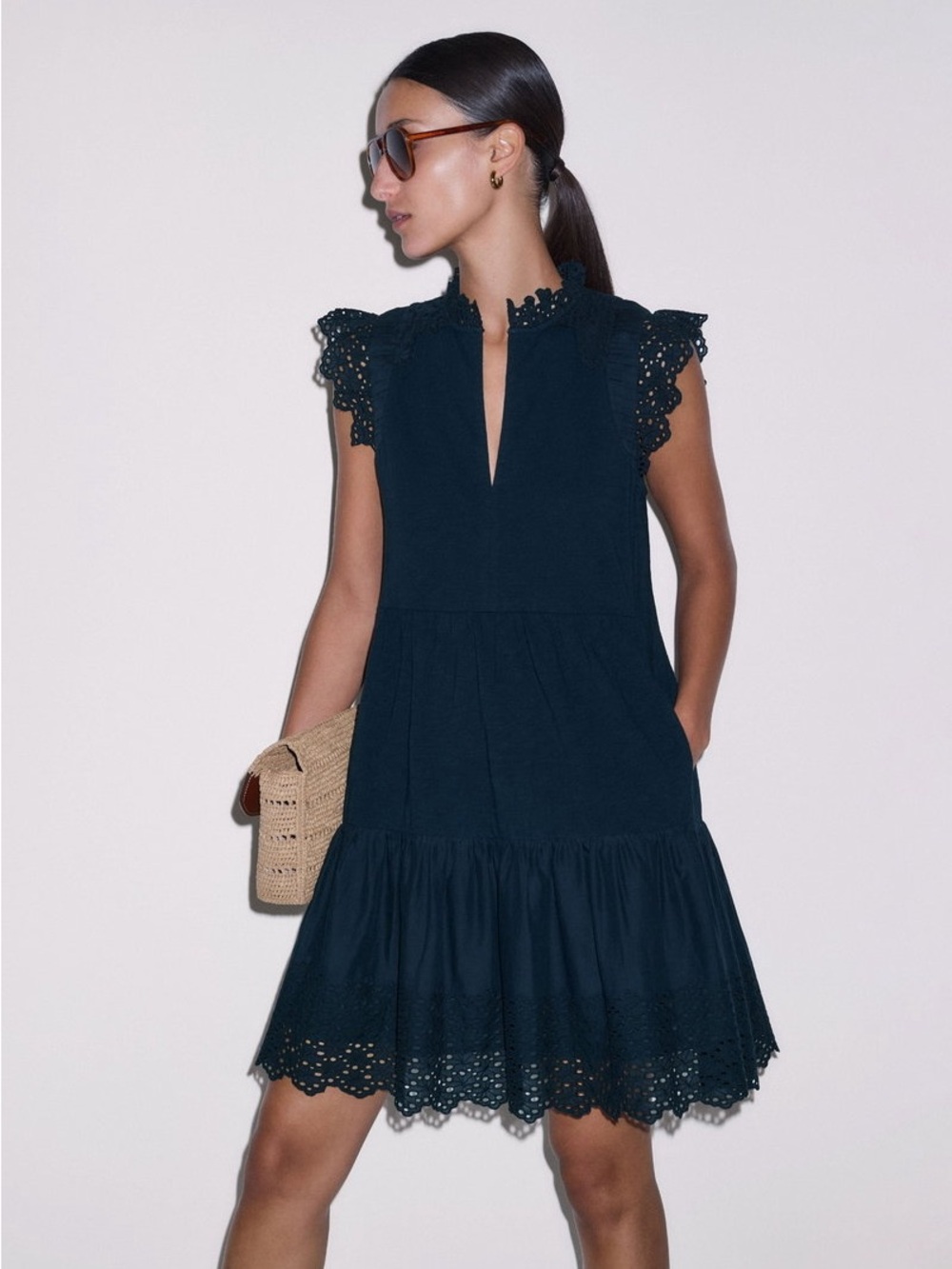 ME+EM Navy Broderie Slub Short Swing Dress 100% Cotton XS